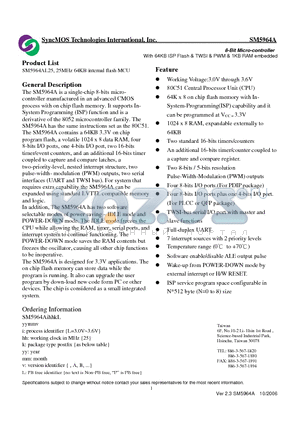 SM5964AIHHKL datasheet - 8-Bit Micro-controller With 64KB ISP Flash & TWSI & PWM & 1KB RAM embedded