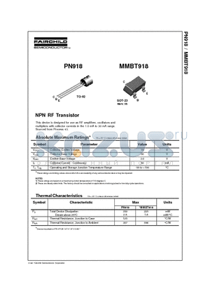 PN918 datasheet - NPN RF Transistor