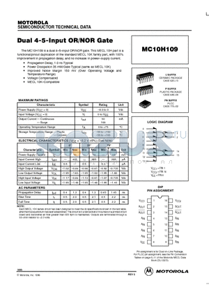 MC10H109 datasheet - Dual 4-5-Input OR/NOR Gate