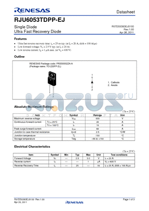RJU6053TDPP-EJ datasheet - Single Diode Ultra Fast Recovery Diode