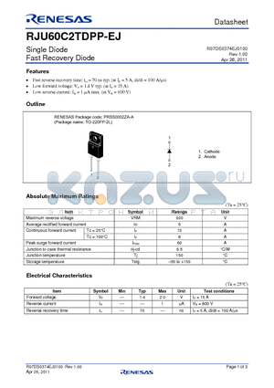 RJU60C2TDPP-EJ datasheet - Single Diode Fast Recovery Diode