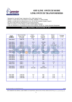 PNK-36003 datasheet - OFF-LINE SWITCH MODE LINK SWITCH TRANSFORMERS