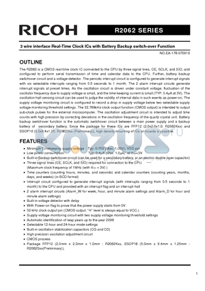 R2062K01-E2 datasheet - 3 wire interface Real-Time Clock ICs with Battery Backup switch-over Function