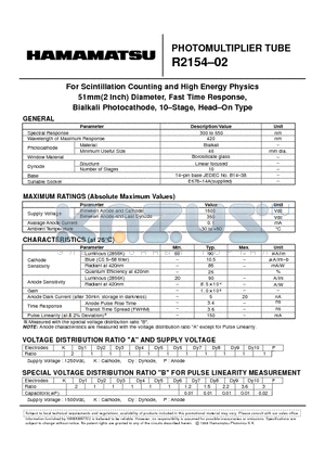 R2154-02 datasheet - PHOTOMULTlPLlER TUBE