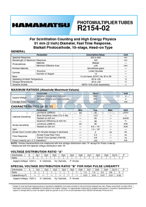 R2154-02 datasheet - PHOTOMULTIPLIER TUBES