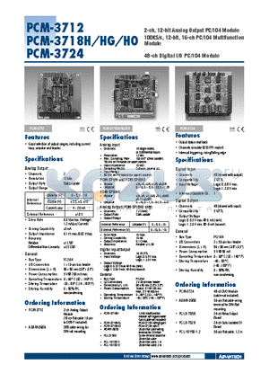 PCL-10150-1.2 datasheet - 2-ch, 12-bit Analog Output PC/104 Module 100KS/s, 12-bit, 16-ch PC/104 Multifunction Module