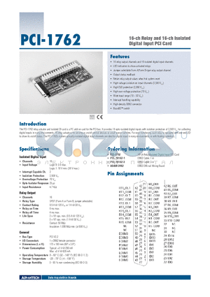 PCL-10162-1 datasheet - 16-ch Relay and 16-ch Isolated Digital Input PCI Card