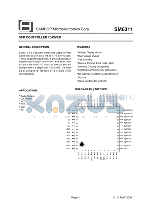 SM6311 datasheet - VFD CONTROLLER / DRIVER