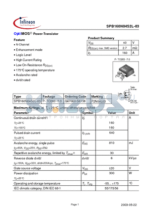 SPB160N04S2L-03 datasheet - OptiMOS Power-Transistor