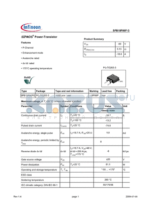 SPB18P06PG datasheet - SIPMOS Power-Transistor