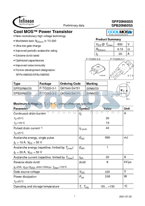 SPB20N60S5 datasheet - Cool MOS Power Transistor