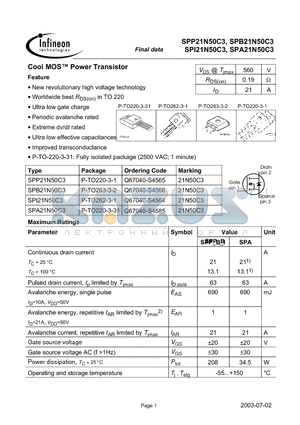 SPB21N50C3 datasheet - Cool MOS Power Transistor