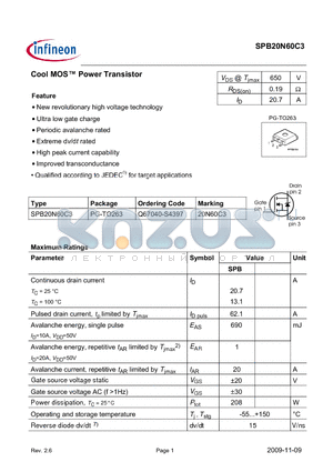 SPB20N60C3 datasheet - Cool MOS Power Transistor Feature new revolutionary high voltage technology