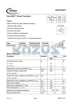 SPB21N50C3 datasheet - New revolutionary high voltage technology Ultra low gate charge Periodic avalanche rated