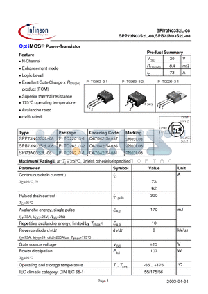 SPB73N03S2L-08 datasheet - OptiMOS Power-Transistor