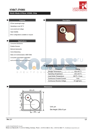 SM67-3N001 datasheet - Multi-Mode 670nm VCSEL Chip