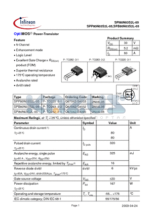 SPB80N03S2L-05 datasheet - OptiMOS Power-Transistor