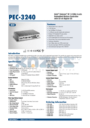 PCL-10251-2 datasheet - Intel^ Celeron^ M 1.0 GHz 4-axis Embedded Motion Controller with 32-ch Digital I/O