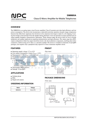 SM6800A datasheet - Class-D Mono Amplifier for Mobile Telephones