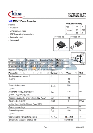 SPB80N06S2-09 datasheet - OptiMOS Power-Transistor