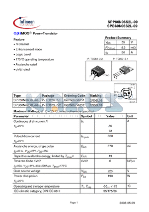 SPB80N06S2L-09 datasheet - OptiMOS Power-Transistor