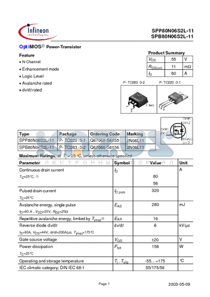 SPB80N06S2L-11 datasheet - OptiMOS Power-Transistor