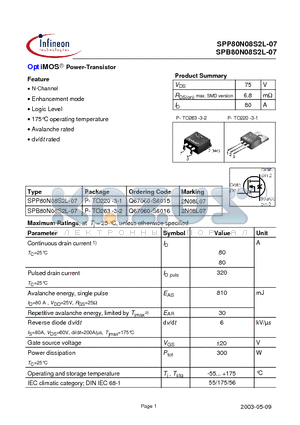 SPB80N08S2L-07 datasheet - OptiMOS Power-Transistor