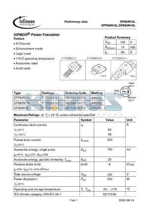 SPB80N10L datasheet - SIPMOS Power-Transistor