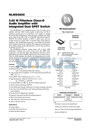NLMD5820 datasheet - 2.65 W Filterless Class-D Audio Amplifier with Integrated Dual SPST Switch