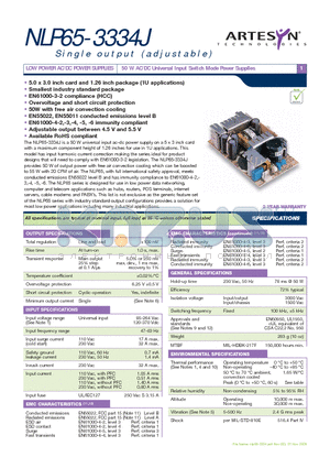 NLP65-3334 datasheet - 50 W AC/DC Universal Input Switch Mode Power Supplies