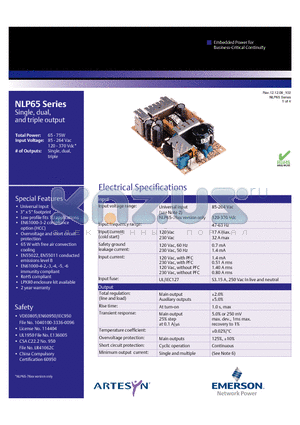 NLP65-7608G datasheet - Universal Input, Low profile fits 1U applications, Overvoltage and short circuit protection