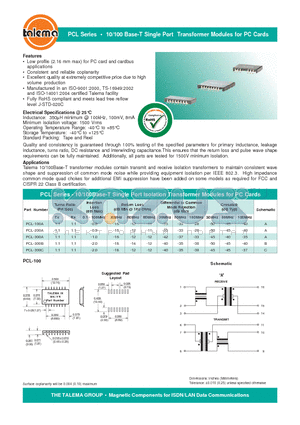 PCL-300B datasheet - 10/100 Base-T Single Port Transformer Modules for PC Cards