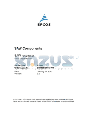 R2906 datasheet - SAW Components SAW resonator Short range devices