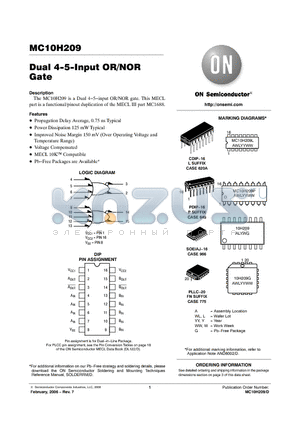 MC10H209 datasheet - Dual 4−5−Input OR/NOR Gate