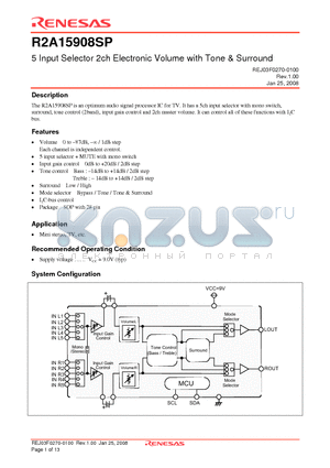 R2A15908SP datasheet - 5 Input Selector 2ch Electronic Volume with Tone & Surround