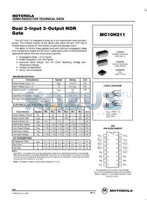 MC10H211 datasheet - Dual 3-Input 3-Output NOR Gate