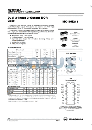 MC10H211FN datasheet - Dual 3-Input 3-Output NOR Gate