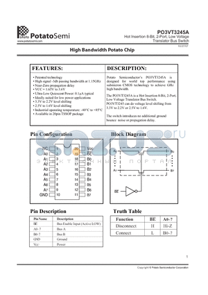 PO3VT3245ATR datasheet - Hot Insertion 8-Bit, 2-Port, Low Voltage Translator Bus Switch