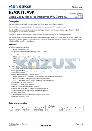 R2A20118ASPW0 datasheet - Critical Conduction Mode Interleaved PFC Control IC