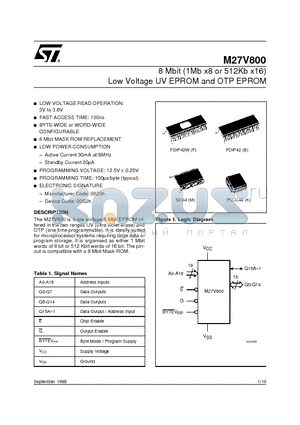 M27V800 datasheet - 8 Mbit 1Mb x8 or 512Kb x16 Low Voltage UV EPROM and OTP EPROM