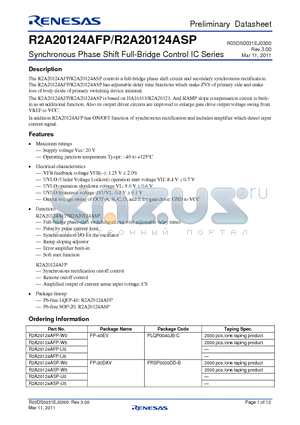 R2A20124AFP-U0 datasheet - Synchronous Phase Shift Full-Bridge Control IC Series