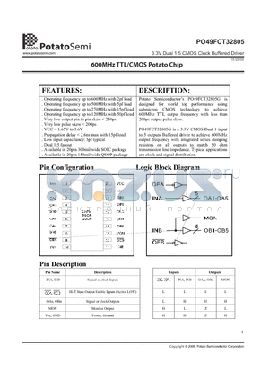 PO49FCT32805 datasheet - 3.3V Dual 1:5 CMOS Clock Buffered Driver