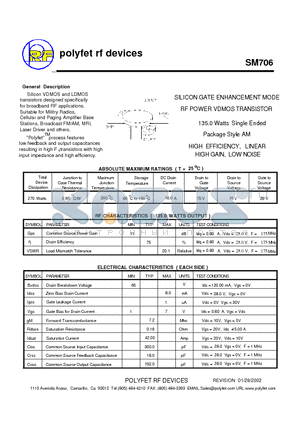 SM706 datasheet - SILICON GATE ENHANCEMENT MODE RF POWER VDMOS TRANSISTOR