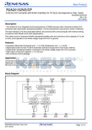 R2A20152NS datasheet - 8-bit 2ch D/A Converter with Buffer Amplifiers for I2C BUS (Corresponds to Fast mode)