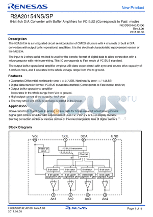 R2A20154NS datasheet - 8-bit 4ch D/A Converter with Buffer Amplifiers for I2C BUS (Corresponds to Fast mode)