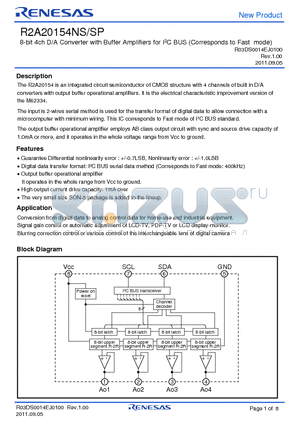 R2A20154SP datasheet - 8-bit 4ch D/A Converter with Buffer Amplifiers for I2C BUS (Corresponds to Fast mode)