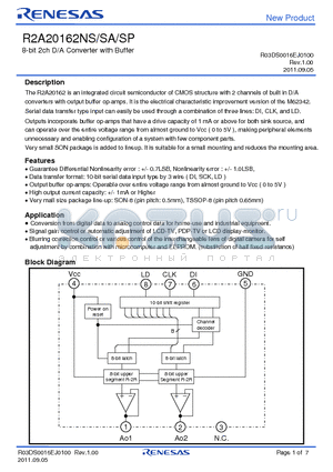 R2A20162SA datasheet - 8-bit 2ch D/A Converter with Buffer