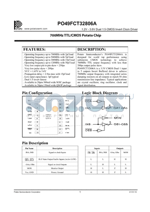 PO49FCT32806ASSR datasheet - Potato Semiconductors PO49FCT32806A is designed for world top performance using submicron CMOS technology to achieve 700MHz TTL output frequency with less than 200ps output pulse skew.