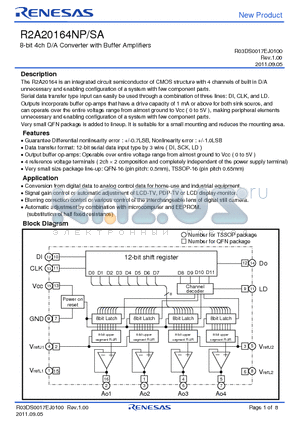 R2A20164SA datasheet - 8-bit 4ch D/A Converter with Buffer Amplifiers