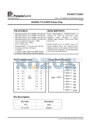 PO49FCT32807Q datasheet - 3.3V 1:10 CMOS Clock Buffered Driver